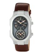 Large Signature Dual Time Zone Watch W/ Calfskin Strap, Black/brown