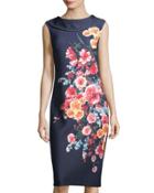 Floral-print Roll-neck Midi Dress, Navy
