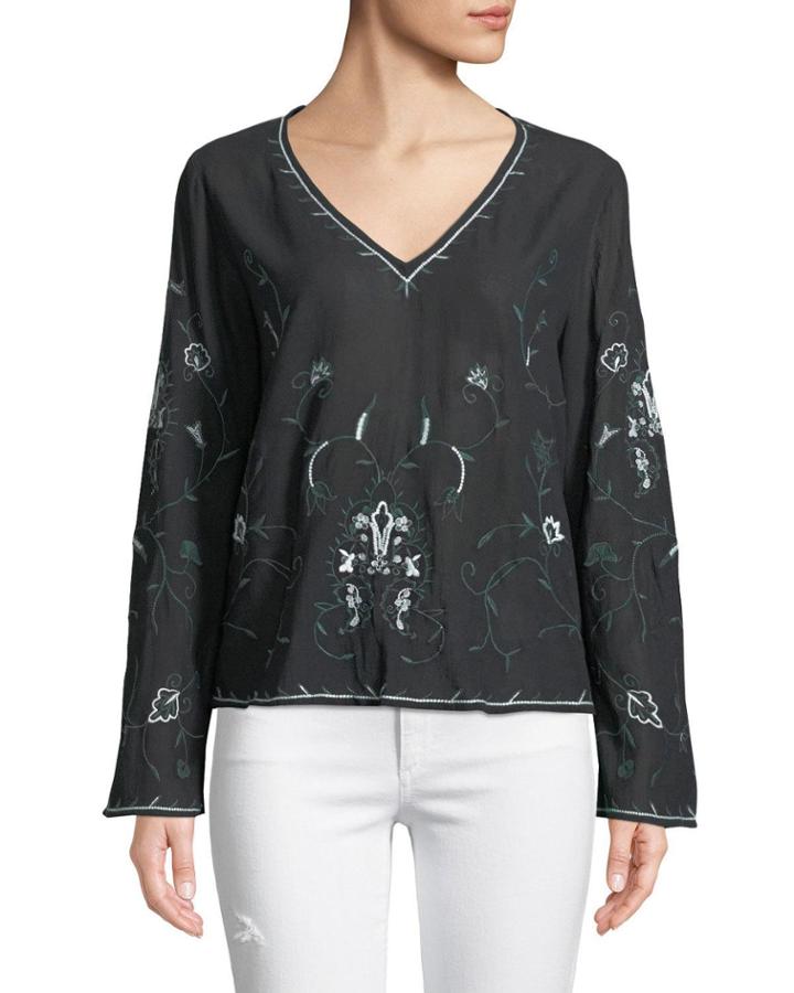 V-neck Floral Embroidered Blouse