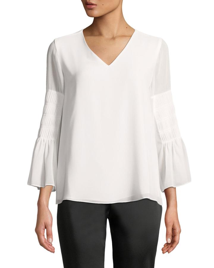 Pleated-sleeve V-neck Blouse