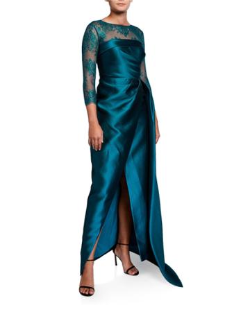 3/4-sleeve Satin Wrap Gown W/