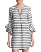 Split-neck Bell-sleeve Dress, White/black