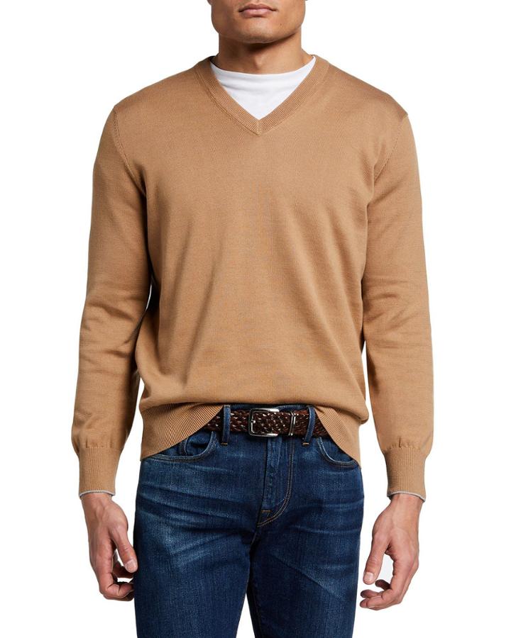 Men's V Neck Bicolor Trim Long