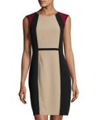 Colorblock Cap-sleeve Sheath Dress, Taupe/black/red