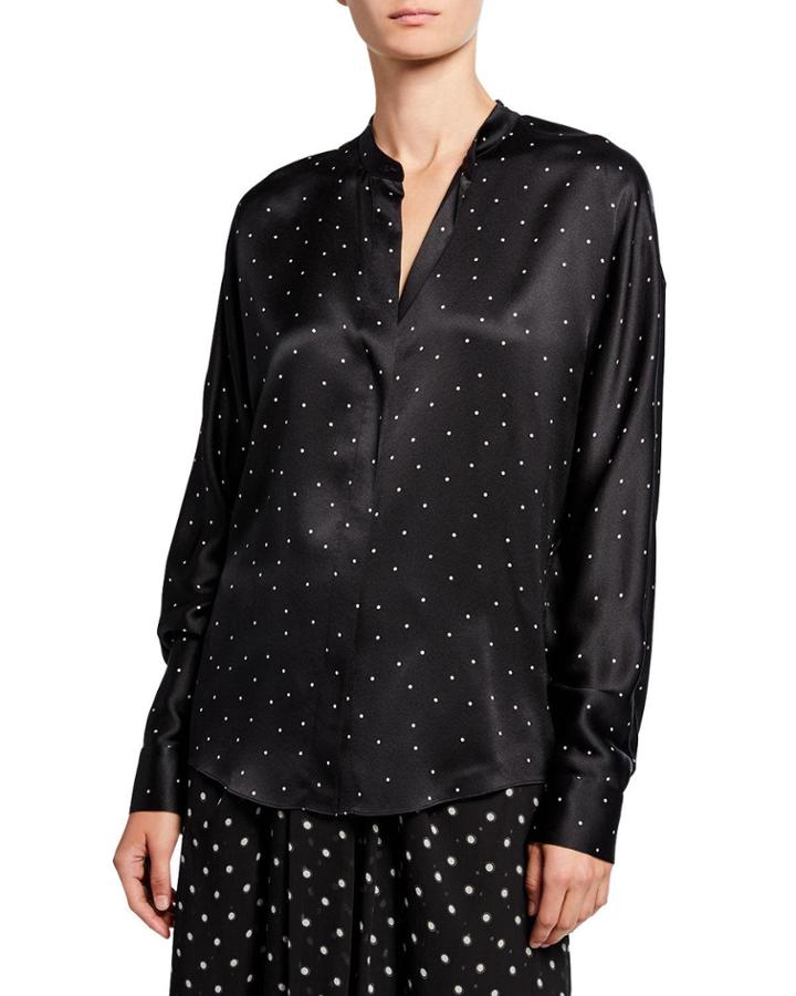 Dot-print Long-sleeve Silk Popover Top