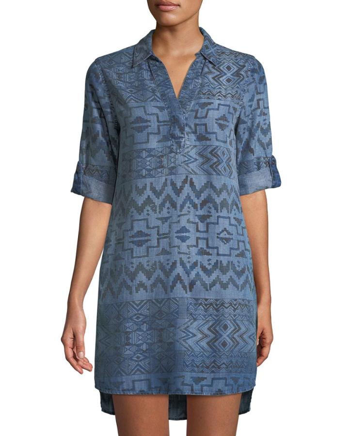 Aztec-print Collared Denim Dress
