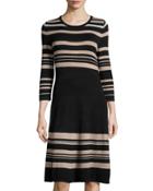 Striped Jersey Crewneck Dress, Black
