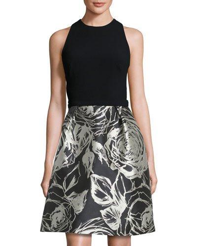 Jewel-neck Sleeveless Cocktail Dress, Black/champagne