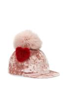 Velvet Baseball Cap W/ Fur Pompom & Heart