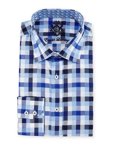Big-check Woven Dress Shirt, Navy/blue/white
