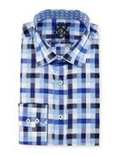 Big-check Woven Dress Shirt, Navy/blue/white