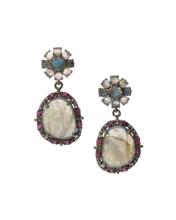 Black Silver Freeform Drop Earrings With Labradorite & Rhodolite