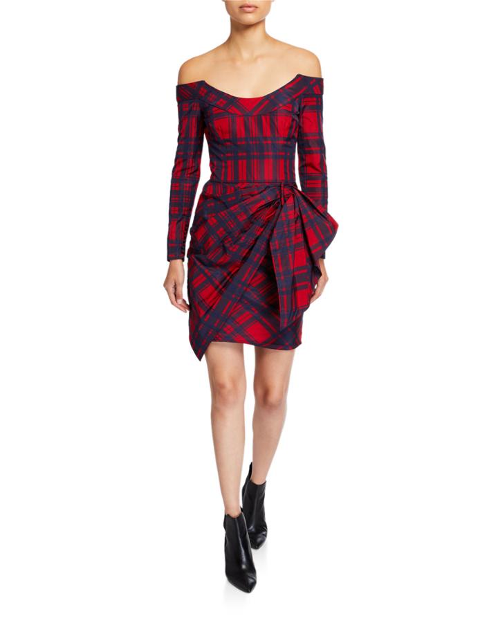 Sara Check Printed Off-the-shoulder Dress