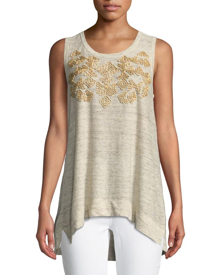 Scoop-neck Sleeveless Linen Top W/ Beading