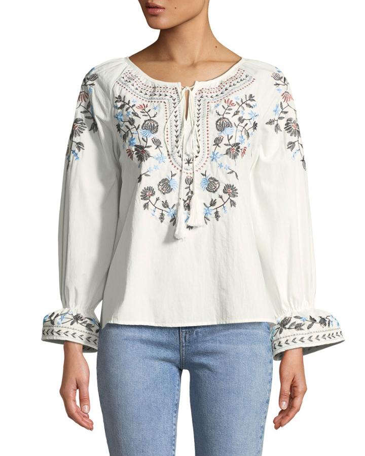Embroidered Flare-cuff Boho Blouse