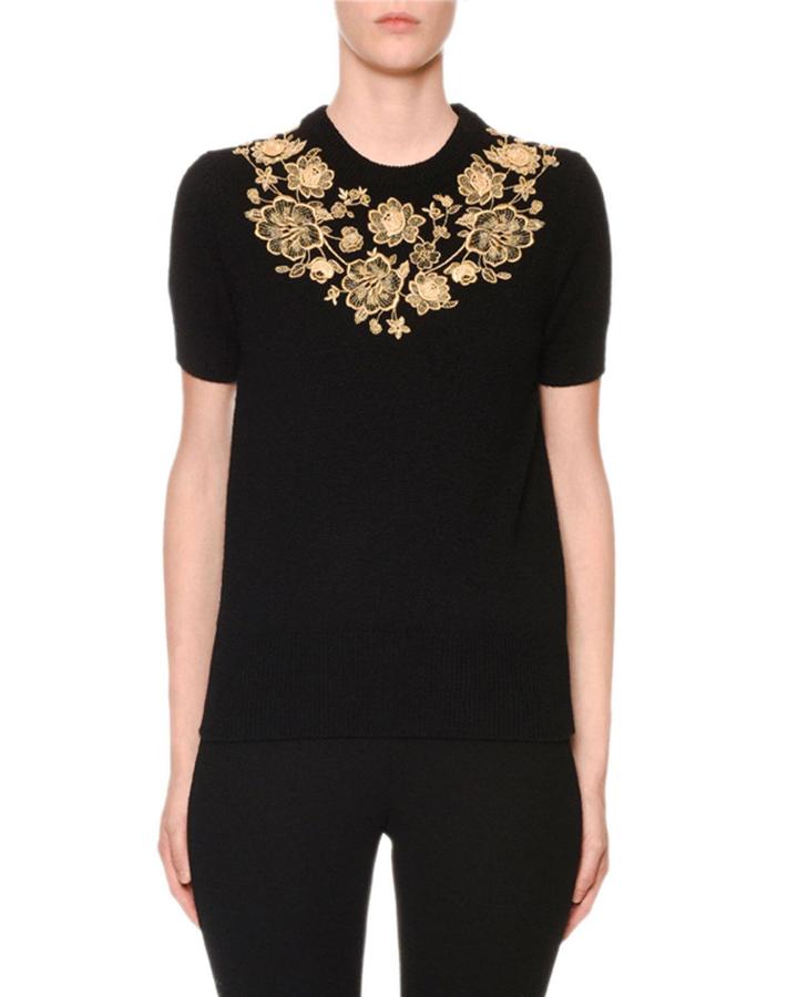 Cashmere Short-sleeve Floral Embroidered