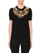 Cashmere Short-sleeve Floral Embroidered