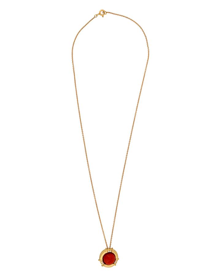 Estate 18k Yellow Gold Coral & Diamond Pendant Necklace