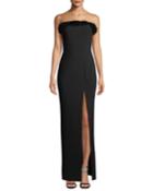 Presley Strapless Column Gown W/ Feather Trim & Thigh-slit