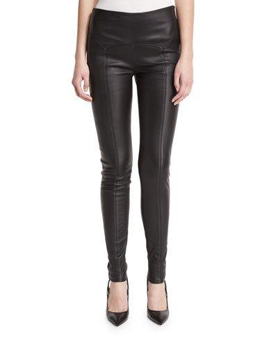 Yoke-waist Leather Leggings, Black