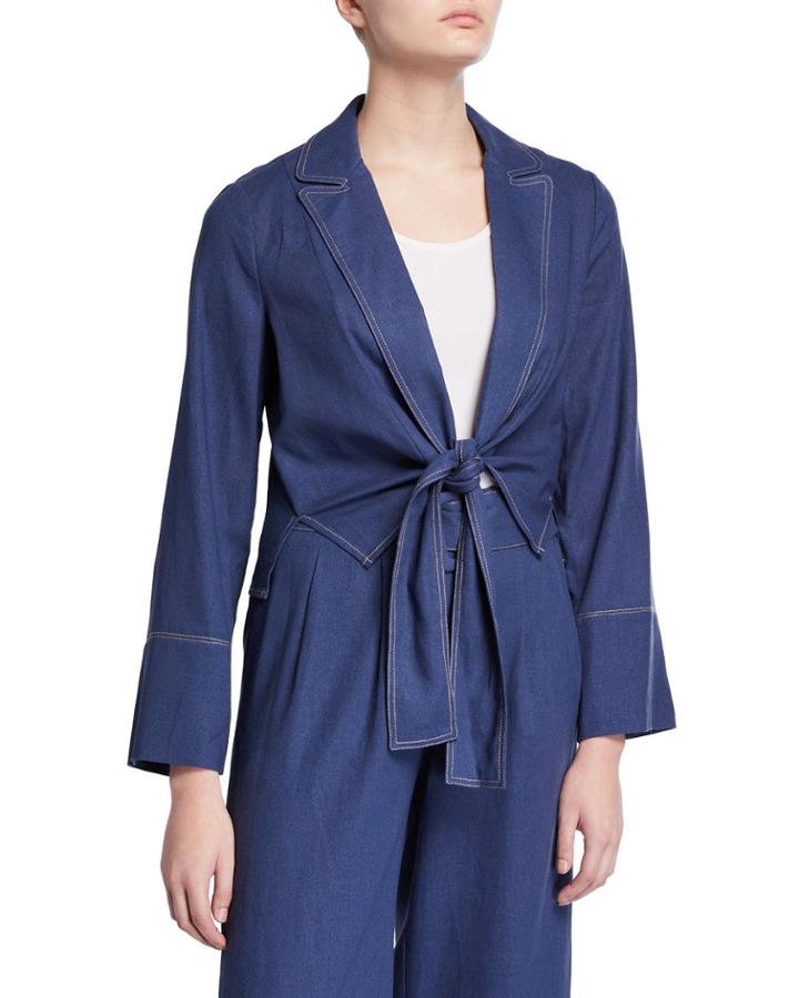 Front-tie Cropped Linen-blend Blazer