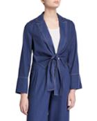 Front-tie Cropped Linen-blend Blazer