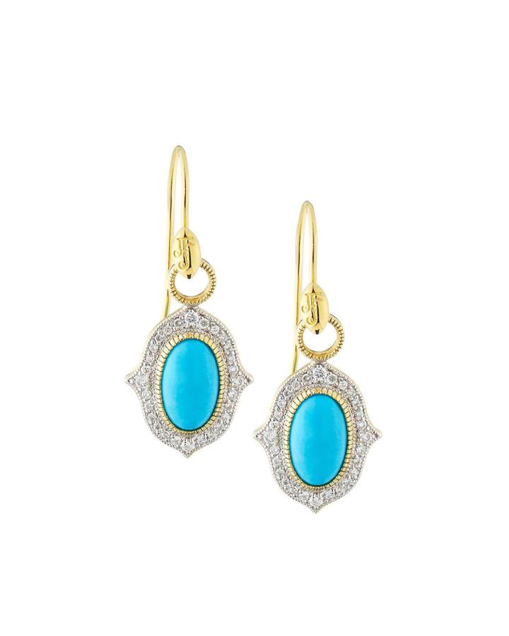 18k Moroccan Pav&eacute; Oval Drop Earrings, Turquoise
