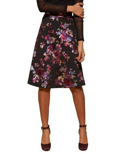 Floral Foil-print A-line Skirt, Black/red