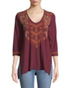 Plus Size Ellim 3/4-sleeve Embroidered Drape Knit Top