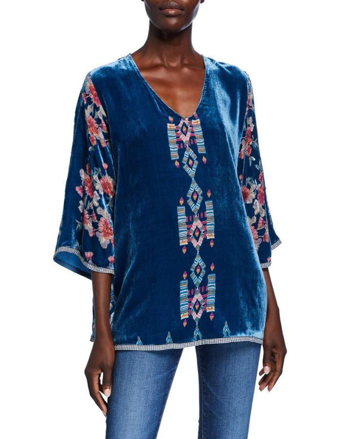 V-neck 3/4-sleeve Burnout-print Silk Velvet Top