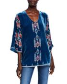 V-neck 3/4-sleeve Burnout-print Silk Velvet Top