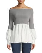 Off-the-shoulder Ribbed & Shirting Ruffle-bottom Blouse