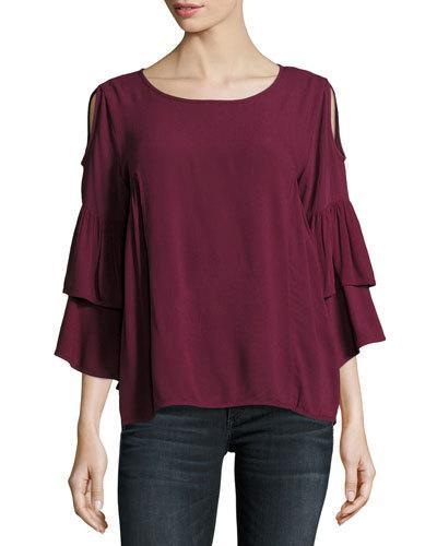 Double-ruffled Sleeve Cold-shoulder Top, Purple