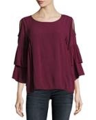 Double-ruffled Sleeve Cold-shoulder Top, Purple