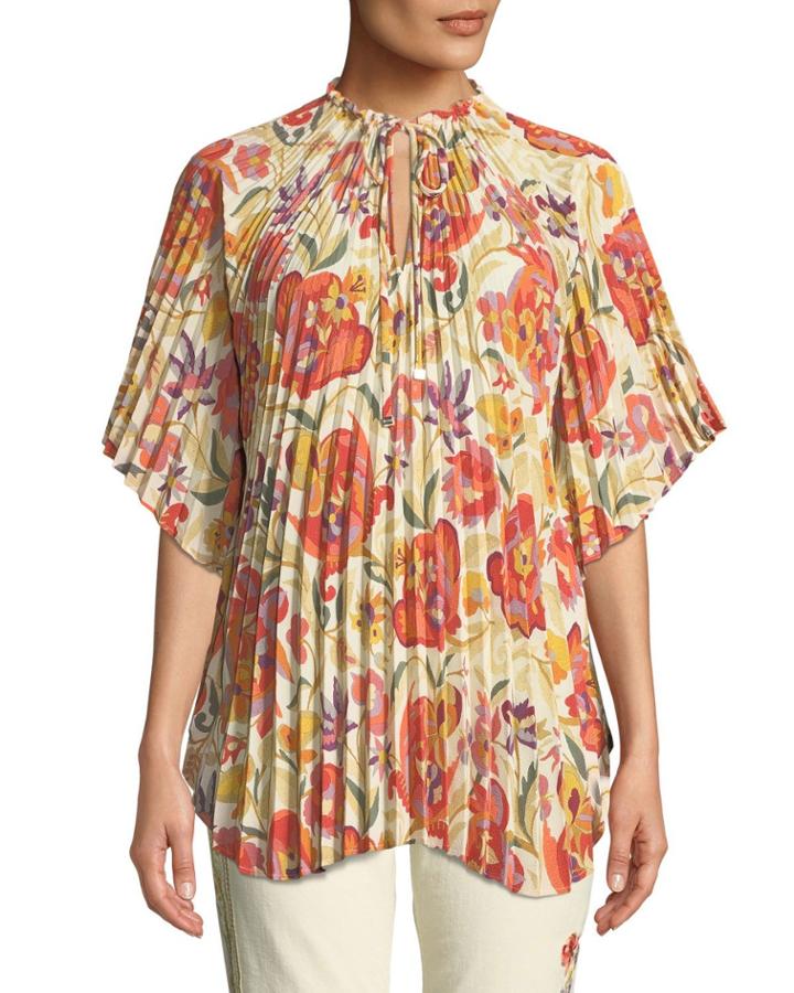Pleated Floral-deco Print Poncho