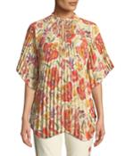 Pleated Floral-deco Print Poncho