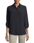 3/4-sleeve Button-front Blouse, Black