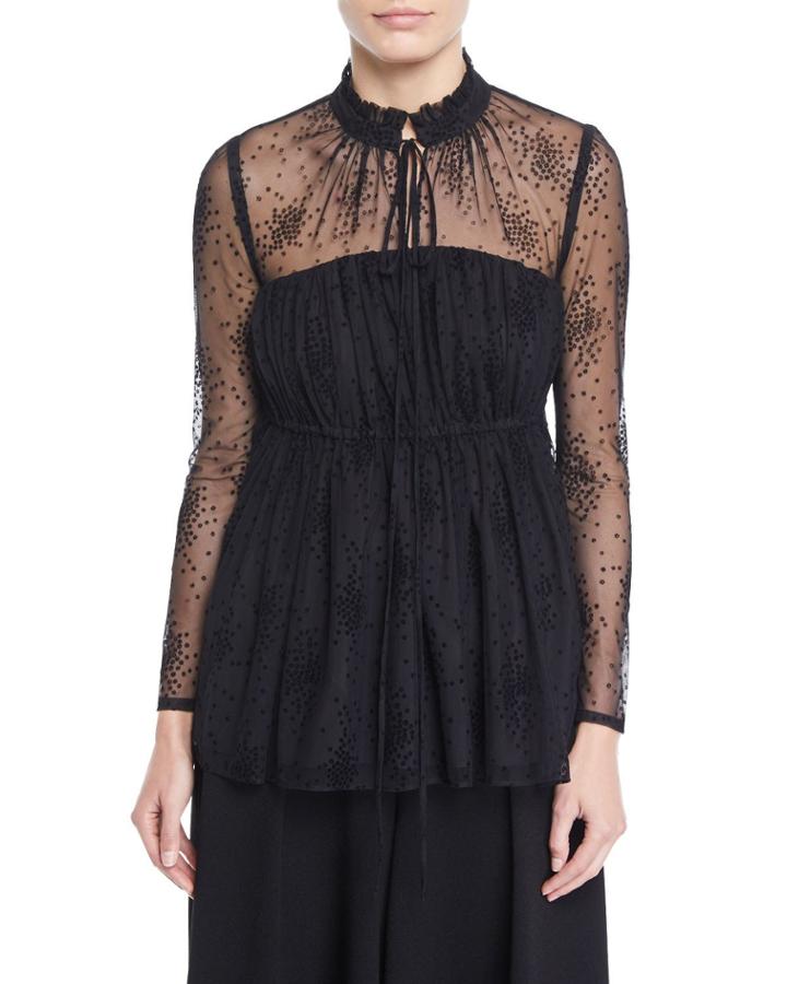 Ruched-neck Long-sleeve Floral-embroidered