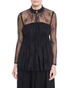 Ruched-neck Long-sleeve Floral-embroidered