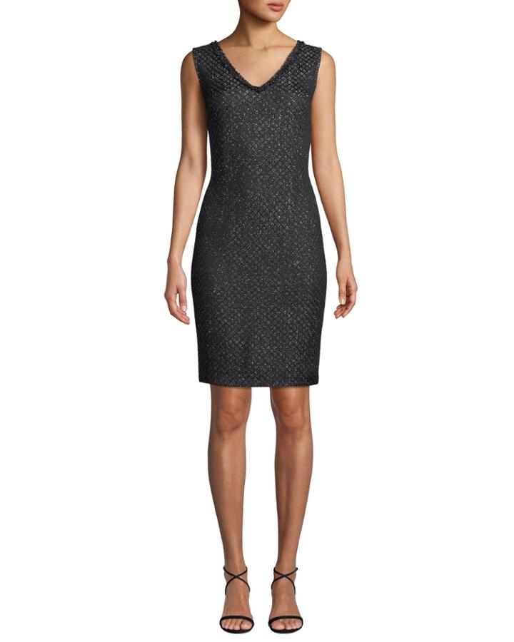 V-neck Sleeveless Shimmer Brocade Knit Cocktail Dress W/ Braided Trim