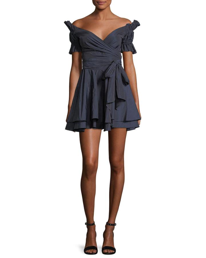 Off-the-shoulder Ruched Taffeta Mini Wrap Dress