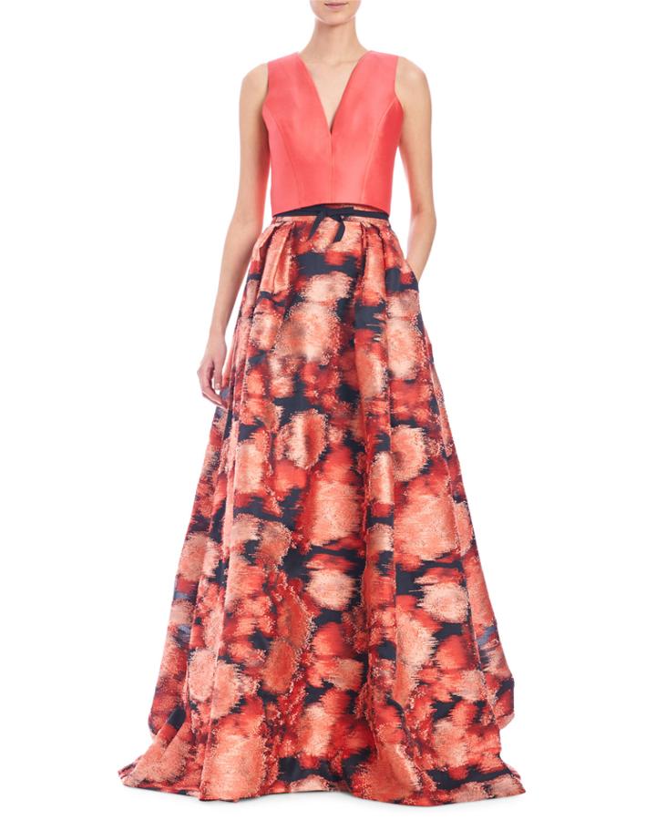 Abstract-print V-neck Ball Gown