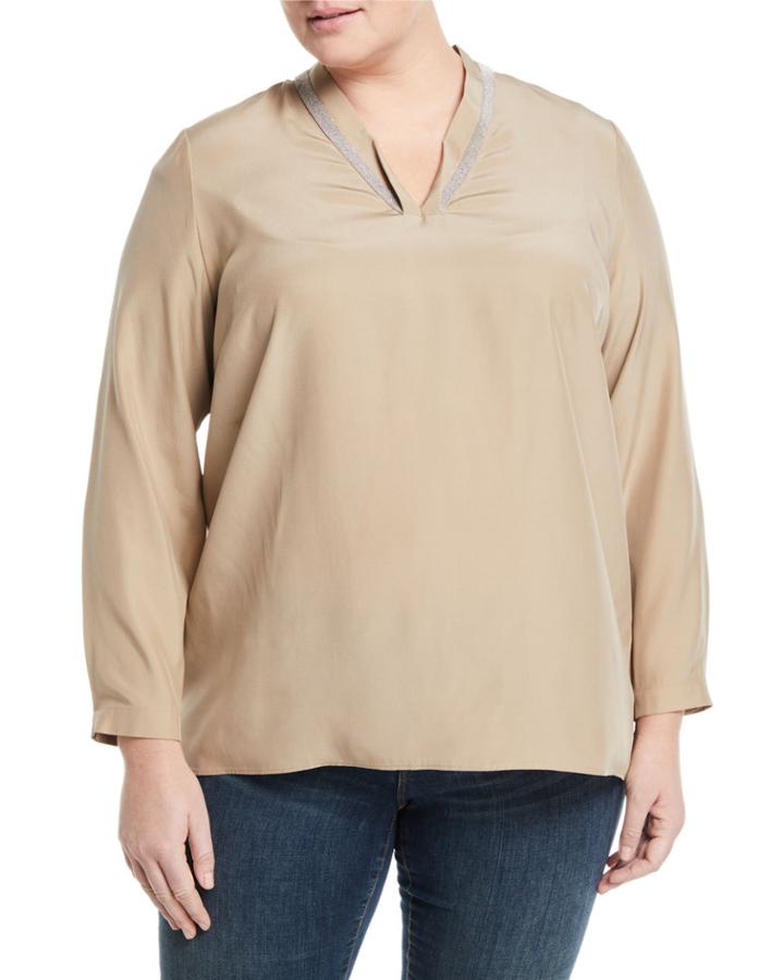 Adri Jeweled V-neck Silk Blouse,