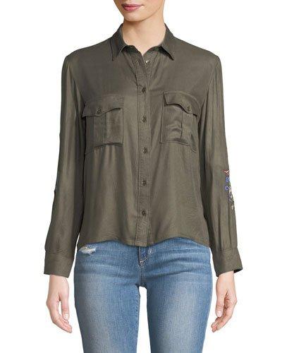 Embroidered Cropped-button Front Blouse