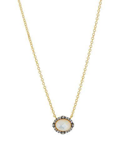 Pave Crystal & Faceted Pearly Oval Pendant Necklace
