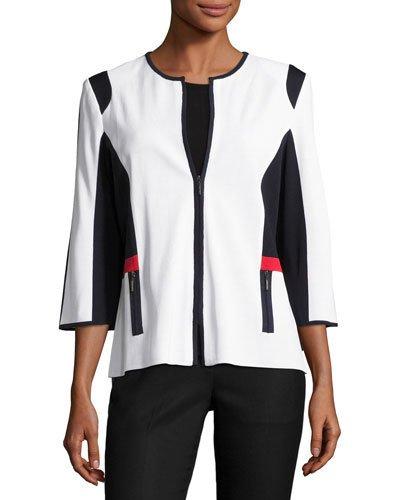 Colorblock Zip-front Knit Jacket, White/navy/red