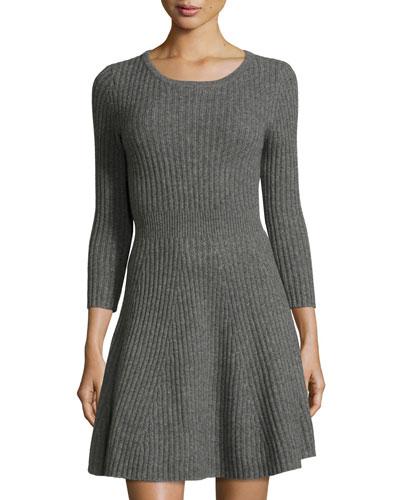Cashmere Fit-and-flare Sweater Dress, Gray