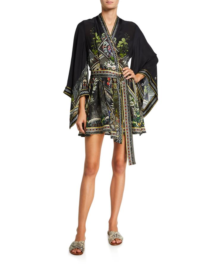 Printed Silk Kimono Wrap Dress