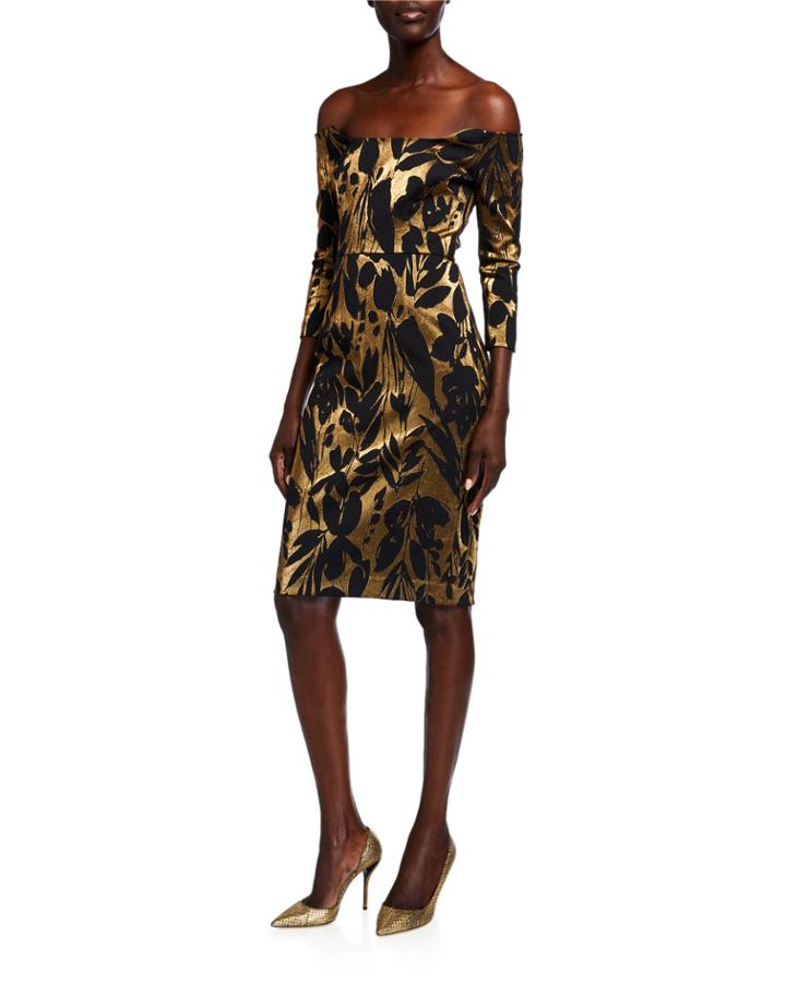 Eastern Gardens Jacquard Off-the-shoulder 3/4-sleeve Dress