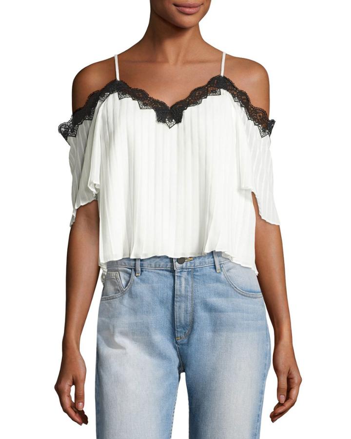 Fefe Cold-shoulder Lace-trim Pleated Blouse, White/black